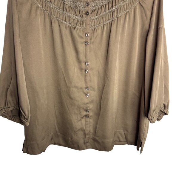 JH Collectibles Womens XL Smocked Neck Button-Front Blouse In Olive Green - Picture 3 of 9